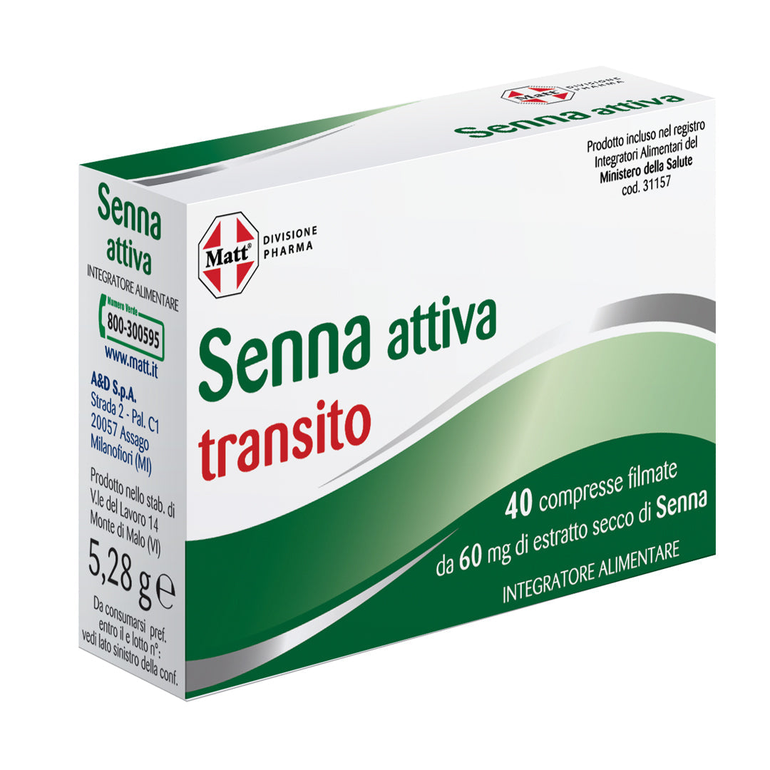 senna attiva integratore per il transito intestina. lato sinistro di una scatola 