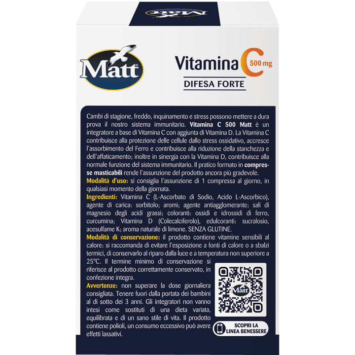 Matt Integratore Vitamina C 500 Difesa Forte. Sistema immunitario. Retro con ingredienti